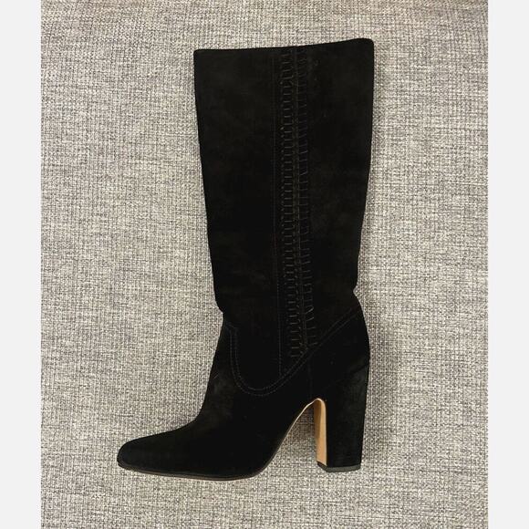EUC Vince Camuto Coranna Black Suede Knee High Boots Size 8.5M Heel Fringe Boho - Picture 9 of 16